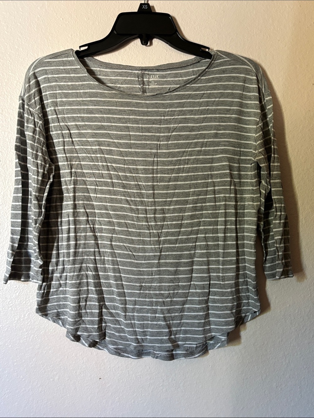 a.n.a Gray & White Striped Long Sleeve Scoop Top, Size PM